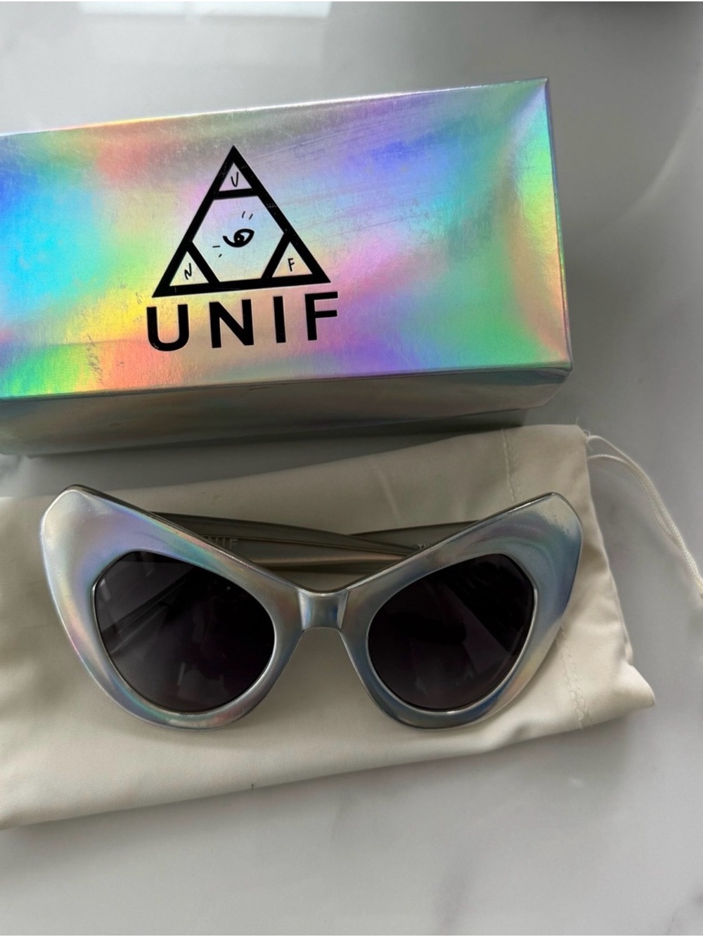 UNIF Iridescent Holographic Cat Eye Sunglasses